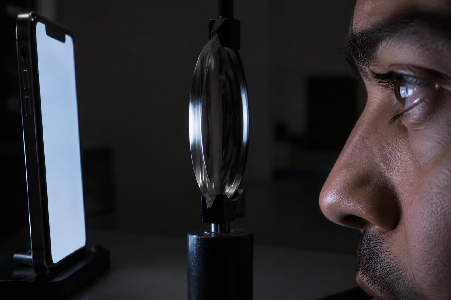 Celular iluminado, lente transparente entre a tela e um olho humano em destaque